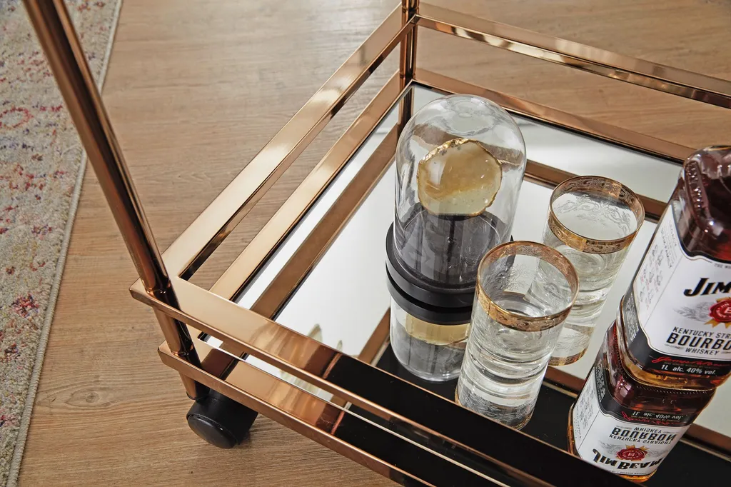 WOHNLING Design Servierwagen Dunkles Gold 2 Ebenen Mit Bremsen | Beistelltisch Auf Rollen | Speisewagen Mit Glasplatte | Küchenwagen | Teewagen 5 WOHNLING Design Servierwagen Dunkles Gold 2 Ebenen Mit Bremsen | Beistelltisch Auf Rollen | Speisewagen Mit Glasplatte | Küchenwagen | Teewagen – Bild 5