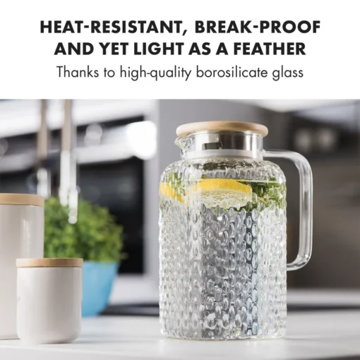 Klarstein Glaswerk Livenza Wasserkrug Glaskaraffe Glaskrug Mit Deckel Wasserkaraffe , Volumen: 1,5 Liter , Deckel Aus Eichenholz , Borosilikatglas , Edelstahlsieb , Transparent – Bild 3