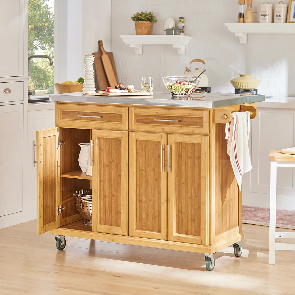 SoBuy FKW69-N Kücheninsel Küchenwagen Mit Erweiterbarer Edelstahlarbeitsplatte Küchenschrank Servierwagen Bambus BHT Ca.: 115x92x46-71cm 2 SoBuy FKW69-N Kücheninsel Küchenwagen Mit Erweiterbarer Edelstahlarbeitsplatte Küchenschrank Servierwagen Bambus BHT Ca.: 115x92x46-71cm – Bild 2
