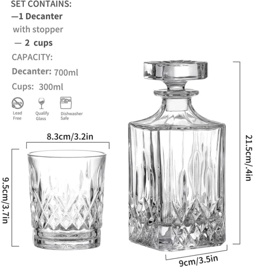 Amisglass Whiskey Karaffe Mit 2 Gläsern, Whiskey Set, 3-teilig, Whisky Dekanter 700ml Und Whisky Gläser 300ml 2 Stück, Kristallgläser & Longdrinkgläser – Bild 2