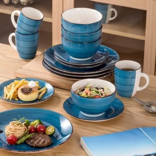 Vancasso Bella Steinzeug Kombiservice, 16 Teilig Geschirrset Für 4 Personen, Mit Je 4 Dessertteller, Speiseteller, Müslischalen, Kaffeebecher, Blau – Bild 7