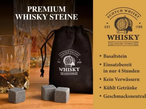 Whisky Geschenkset Nicht Nur Für Whisky Liebhaber:innen, 8 Granit Whisky Steine, 2 Whiskygläser, Eiswürfelzange Und Samtbeutel In Toller Holz Geschenkbox. Neidfaktor Inclusive – Bild 3