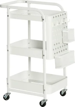 HOMCOM Rollwagen3-Etagen Küchenwagen Mit Schubladen Und Korb Für Küche Büro Schlafzimmer Wohnzimmer Stahl Weiß 51,5 X 32 X 75,6 Cm
