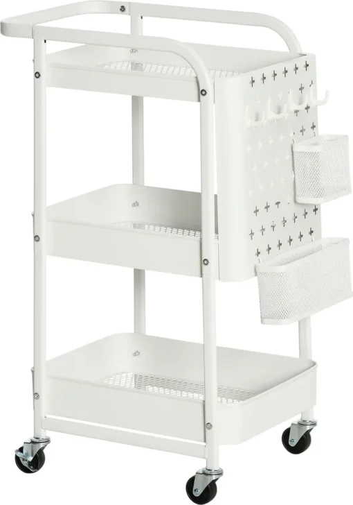 HOMCOM Rollwagen3-Etagen Küchenwagen Mit Schubladen Und Korb Für Küche Büro Schlafzimmer Wohnzimmer Stahl Weiß 51,5 X 32 X 75,6 Cm