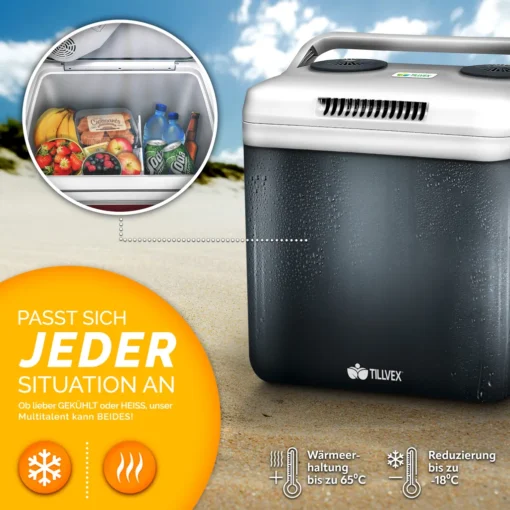 Tillvex Kühlbox Elektrisch 32L Grau | Mini-Kühlschrank 230 V Und 12 V Für KFZ Auto Camping | Kühlt & Wärmt | ECO-Modus – Bild 2