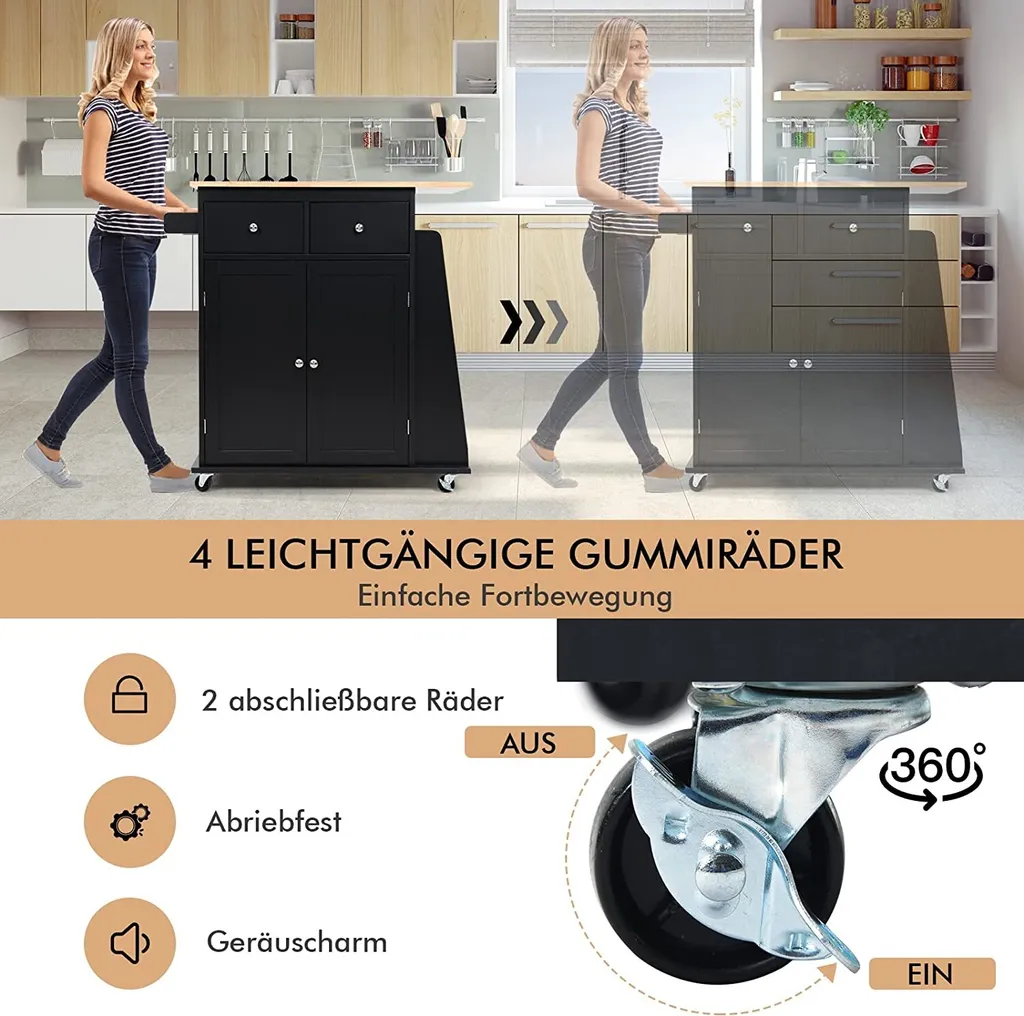 COSTWAY Kücheninsel Mit Handtuchhalter, Rollender Küchenwagen Aus Gummiholz Mit Verstellbarem Regal & 2 Schubladen & Gewürzregal, Servierwagen Modern Mit Räder Mit Bremsen (Schwarz) 4 COSTWAY Kücheninsel Mit Handtuchhalter, Rollender Küchenwagen Aus Gummiholz Mit Verstellbarem Regal & 2 Schubladen & Gewürzregal, Servierwagen Modern Mit Räder Mit Bremsen (Schwarz) – Bild 4