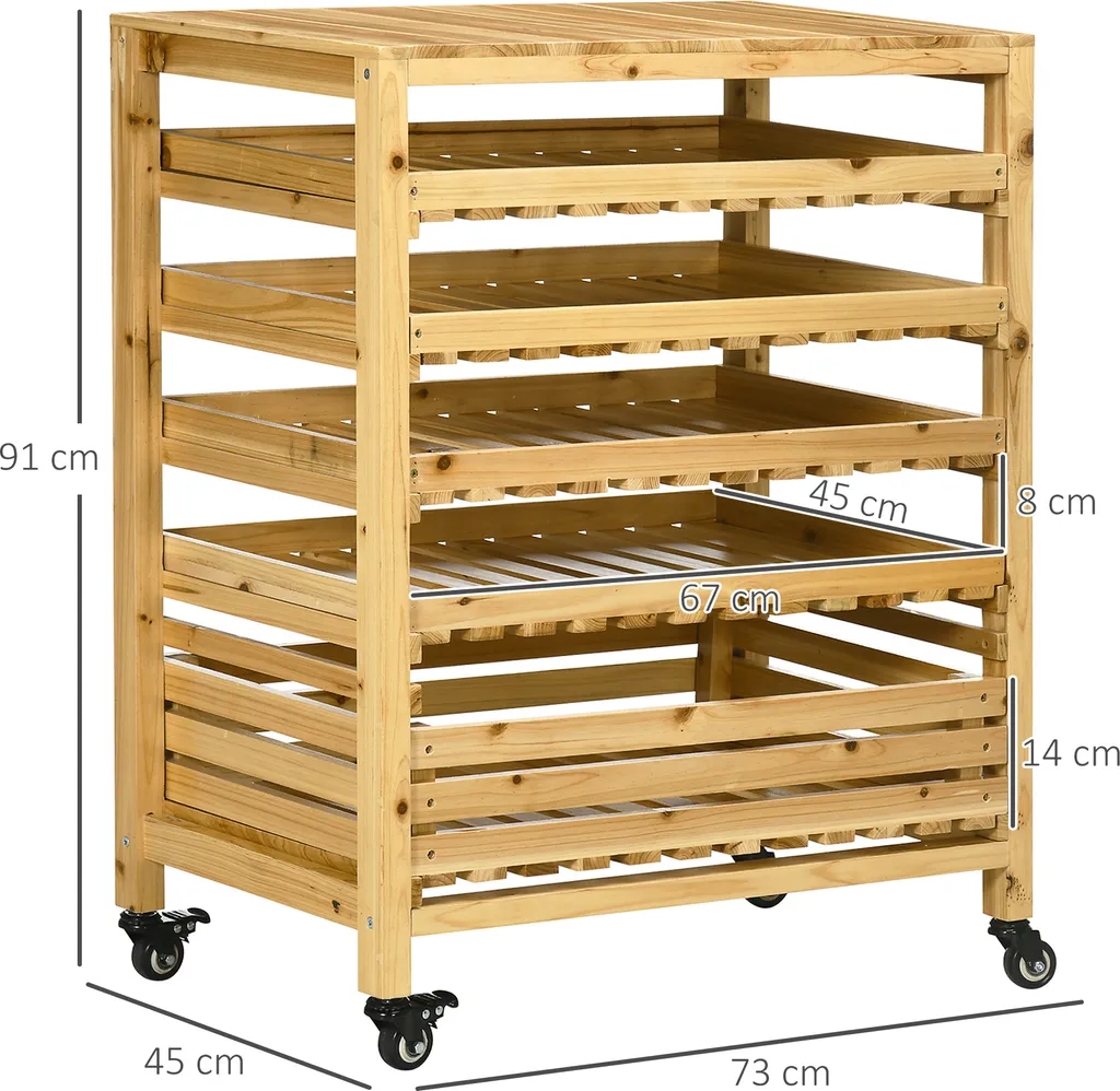 Outsunny Obsthalter Mit Rädern, Gemüseregal Mit 5 Regalen, Obstkorbständer, Aufbewahrungswagen, Für Gemüse, Obst, Bis 20 Kg Belastbar, Aus Tannenholz, Natur 3 Outsunny Obsthalter Mit Rädern, Gemüseregal Mit 5 Regalen, Obstkorbständer, Aufbewahrungswagen, Für Gemüse, Obst, Bis 20 Kg Belastbar, Aus Tannenholz, Natur – Bild 3