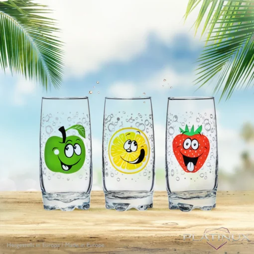 Trinkgläser Mit Lustigen Fruchtgesichtern 350ml (max. 400ml) Set 6 Teilig Aus Glas Bunt – Bild 2
