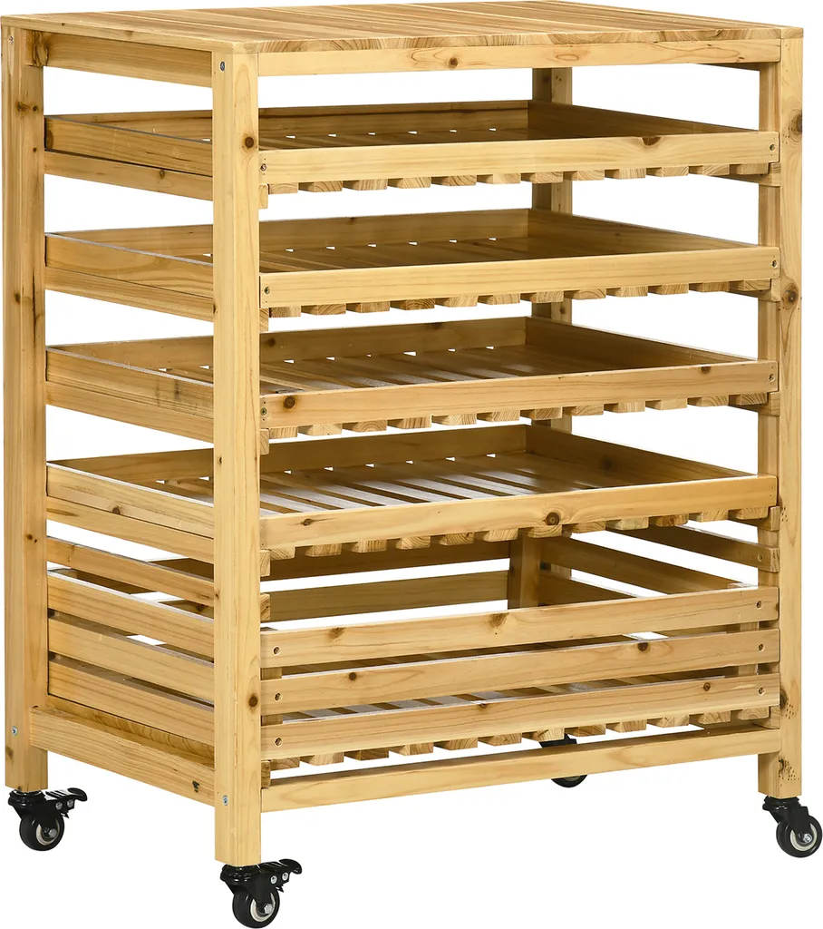 Outsunny Obsthalter Mit Rädern, Gemüseregal Mit 5 Regalen, Obstkorbständer, Aufbewahrungswagen, Für Gemüse, Obst, Bis 20 Kg Belastbar, Aus Tannenholz, Natur 1 Outsunny Obsthalter Mit Rädern, Gemüseregal Mit 5 Regalen, Obstkorbständer, Aufbewahrungswagen, Für Gemüse, Obst, Bis 20 Kg Belastbar, Aus Tannenholz, Natur