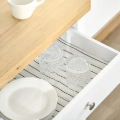 HOMCOM Küchenwagen Küchenrollwagen Servierwagen Mit Einer Schublade Geschlossenen Schrank Regalboden Und Handtuchhalter 4 Lenkrollen MDF Gummiholz Weiß+Eiche 63,5 X 40 X 90 Cm -Qualitätsladen Für Geschirr 1a8c3fb35aa3181dc989edc0c01c1597
