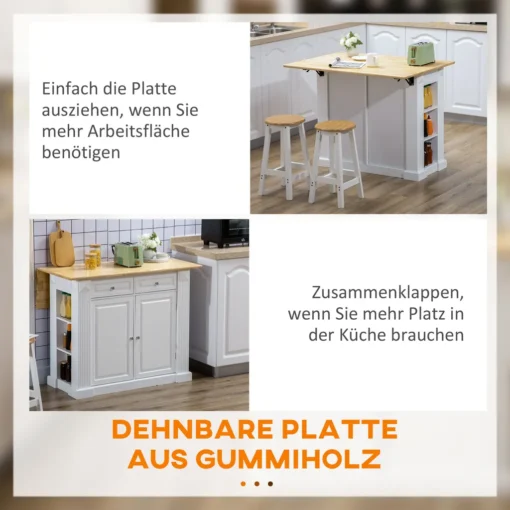 HOMCOM Kücheninsel, Sideboard Mit Erweiterbarer Arbeitsfläche, Küchenschrank Mit Schubladen, Gewürzregalen, Servierwagen Aus Holz Für Küche, Weiß, 108 X 78,4 X 84 Cm – Bild 5