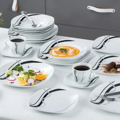 VEWEET, Serie 'Fiona', 100-teilig Porzellan Tafelservice Set, Kombiservice Mit Dessertteller, Speiseteller, Suppenteller, Müslischalen, Kaffeebecher, Kaffeetassen Set, Eierbecher, Milch- Und Zuckerset – Bild 3