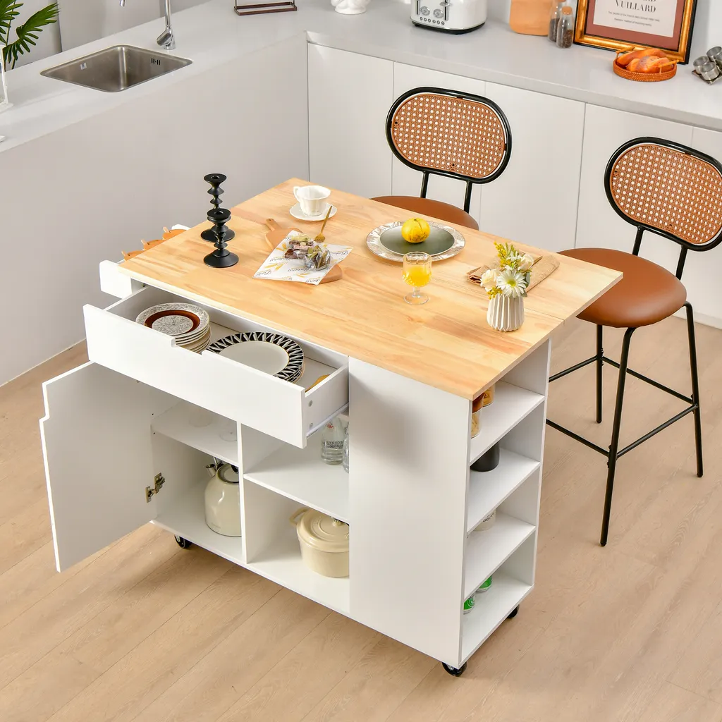 COSTWAY Küchenwagen Mit Ausziehbarer Arbeitsfläche, Servierwagen Auf Rollen, Kücheninselwagen Holz, Küchenschrank Mit Ablagen & Schublade & Gewürzregal, Küchentrolley Für Küche Esszimmer (Weiß) 2 COSTWAY Küchenwagen Mit Ausziehbarer Arbeitsfläche, Servierwagen Auf Rollen, Kücheninselwagen Holz, Küchenschrank Mit Ablagen & Schublade & Gewürzregal, Küchentrolley Für Küche Esszimmer (Weiß) – Bild 2