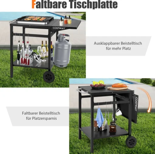 COSTWAY Grilltisch Mit Klappbarer Tischplatte, Beweglicher Campingtisch Mit 2 Ablagen & 4 Haken, Metall Grillwagen Für Außenbereich, Rollwagen Zum Grillen & Outdoorküche, Zubereitungswagen Schwarz – Bild 4