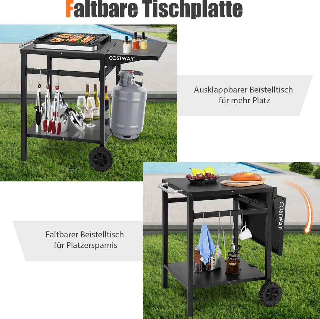 COSTWAY Grilltisch Mit Klappbarer Tischplatte, Beweglicher Campingtisch Mit 2 Ablagen & 4 Haken, Metall Grillwagen Für Außenbereich, Rollwagen Zum Grillen & Outdoorküche, Zubereitungswagen Schwarz 4 COSTWAY Grilltisch Mit Klappbarer Tischplatte, Beweglicher Campingtisch Mit 2 Ablagen & 4 Haken, Metall Grillwagen Für Außenbereich, Rollwagen Zum Grillen & Outdoorküche, Zubereitungswagen Schwarz – Bild 4