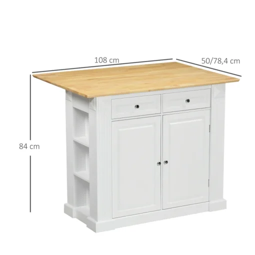 HOMCOM Kücheninsel, Sideboard Mit Erweiterbarer Arbeitsfläche, Küchenschrank Mit Schubladen, Gewürzregalen, Servierwagen Aus Holz Für Küche, Weiß, 108 X 78,4 X 84 Cm – Bild 3