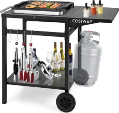 COSTWAY Grilltisch Mit Klappbarer Tischplatte, Beweglicher Campingtisch Mit 2 Ablagen & 4 Haken, Metall Grillwagen Für Außenbereich, Rollwagen Zum Grillen & Outdoorküche, Zubereitungswagen Schwarz