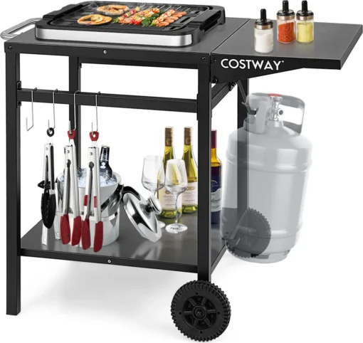 COSTWAY Grilltisch Mit Klappbarer Tischplatte, Beweglicher Campingtisch Mit 2 Ablagen & 4 Haken, Metall Grillwagen Für Außenbereich, Rollwagen Zum Grillen & Outdoorküche, Zubereitungswagen Schwarz
