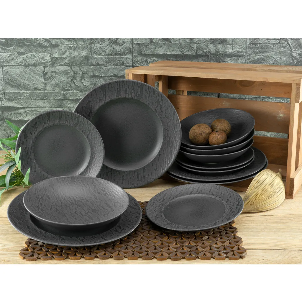 CreaTable 33320 Tafelservice Rondo Schiefer Für 6 Personen, Steinzeug, Schwarz (1 Set, 12-teilig) 2 CreaTable 33320 Tafelservice Rondo Schiefer Für 6 Personen, Steinzeug, Schwarz (1 Set, 12-teilig) – Bild 2
