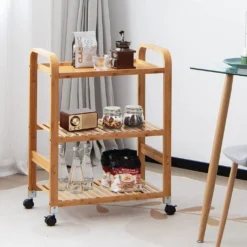COSTWAY Servierwagen Mit 3 Ablagen, Griffen & Abnehmbarem Rollen, Küchenwagen Bambus Auf Rädern, Mobiler Allzweckwagen Rollwagen Lagerregal Für Küche, Flur & Bad, 58 X 33 X 76 Cm