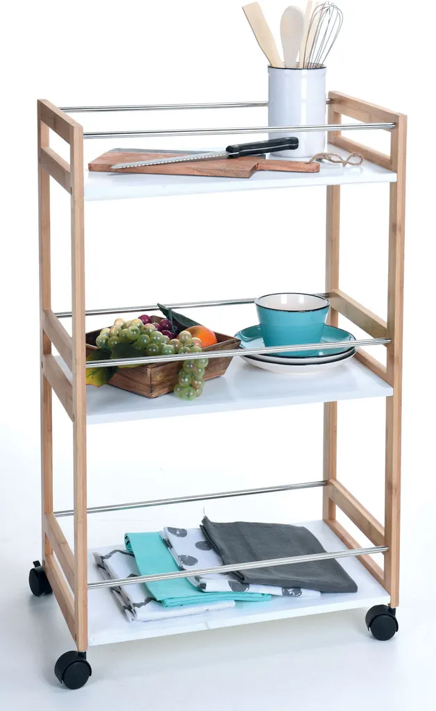 Küchentrolley Aus Bambus - 3 Weiße Ablagen - 51x30x80cm 2 Küchentrolley Aus Bambus - 3 Weiße Ablagen - 51x30x80cm – Bild 2