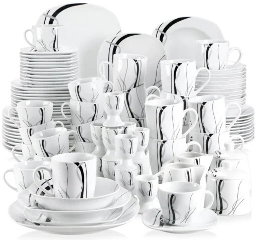 VEWEET, Serie 'Fiona', 100-teilig Porzellan Tafelservice Set, Kombiservice Mit Dessertteller, Speiseteller, Suppenteller, Müslischalen, Kaffeebecher, Kaffeetassen Set, Eierbecher, Milch- Und Zuckerset