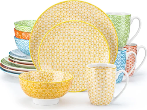 Vancasso Natsuki 16-teilig Porzellan Kombiservice, Mit Je 4 Speiseteller Ø 27 Cm, Dessertteller Ø 21,5 Cm, Müslischalen Ø 15,2 Cm Und Kaffeebecher 380 Ml