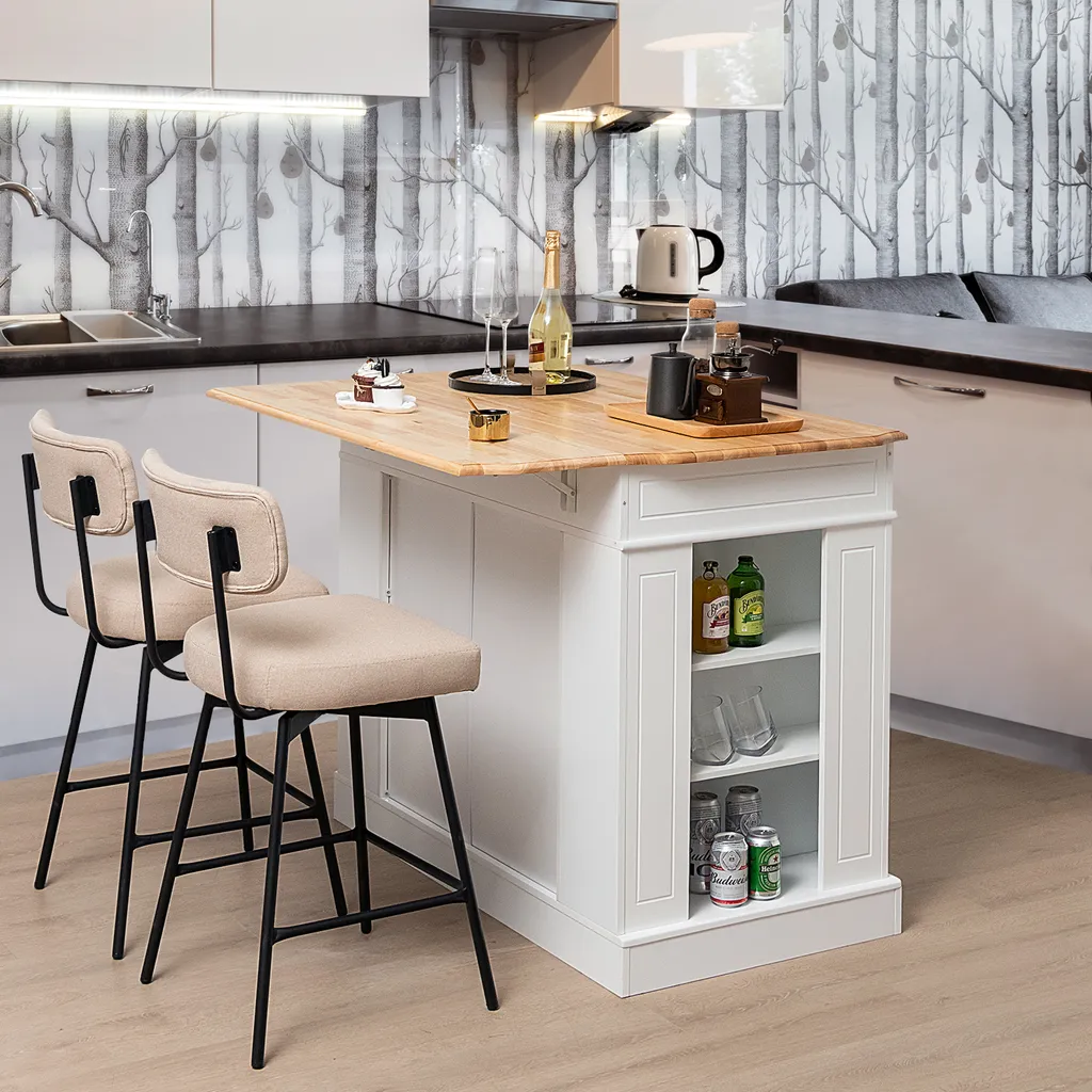 COSTWAY Kücheninsel Aus Gummiholz, Küchenschrank Klappbar Mit Ausziehbarer Arbeitsplatte, Küchenschrank Mit Schubladen, Seitenregalen, 2-türigem Schrank, 3-stufig Verstellbaren Böden 2 COSTWAY Kücheninsel Aus Gummiholz, Küchenschrank Klappbar Mit Ausziehbarer Arbeitsplatte, Küchenschrank Mit Schubladen, Seitenregalen, 2-türigem Schrank, 3-stufig Verstellbaren Böden – Bild 2