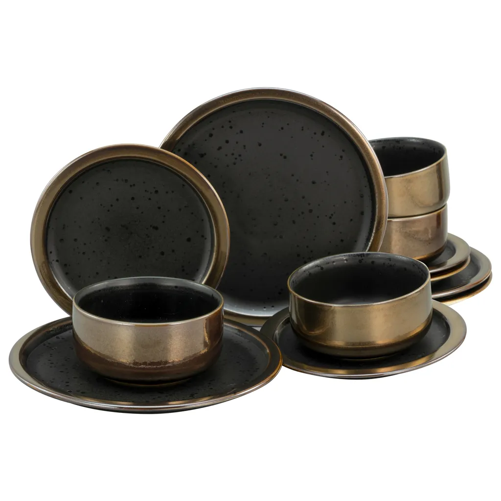 CreaTable 23594 Kombiservice Modern Industrial Für 4 Personen, Steinzeug, Schwarz/gold (1 Set, 12-teilig) 1 CreaTable 23594 Kombiservice Modern Industrial Für 4 Personen, Steinzeug, Schwarz/gold (1 Set, 12-teilig)