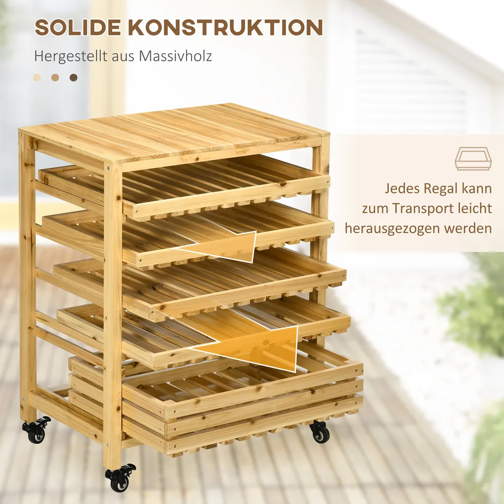 Outsunny Obsthalter Mit Rädern, Gemüseregal Mit 5 Regalen, Obstkorbständer, Aufbewahrungswagen, Für Gemüse, Obst, Bis 20 Kg Belastbar, Aus Tannenholz, Natur 5 Outsunny Obsthalter Mit Rädern, Gemüseregal Mit 5 Regalen, Obstkorbständer, Aufbewahrungswagen, Für Gemüse, Obst, Bis 20 Kg Belastbar, Aus Tannenholz, Natur – Bild 5