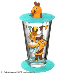 Leonardo Trinkset Bambini Maus Muffin, 3-tlg., Wasserglas, Untersetzer, Deckel, Trinkglas, Glas, 200 Ml, 021705