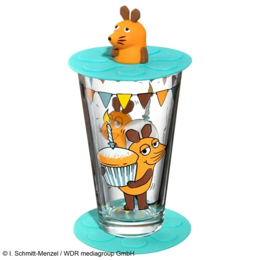 Leonardo Trinkset Bambini Maus Muffin, 3-tlg., Wasserglas, Untersetzer, Deckel, Trinkglas, Glas, 200 Ml, 021705