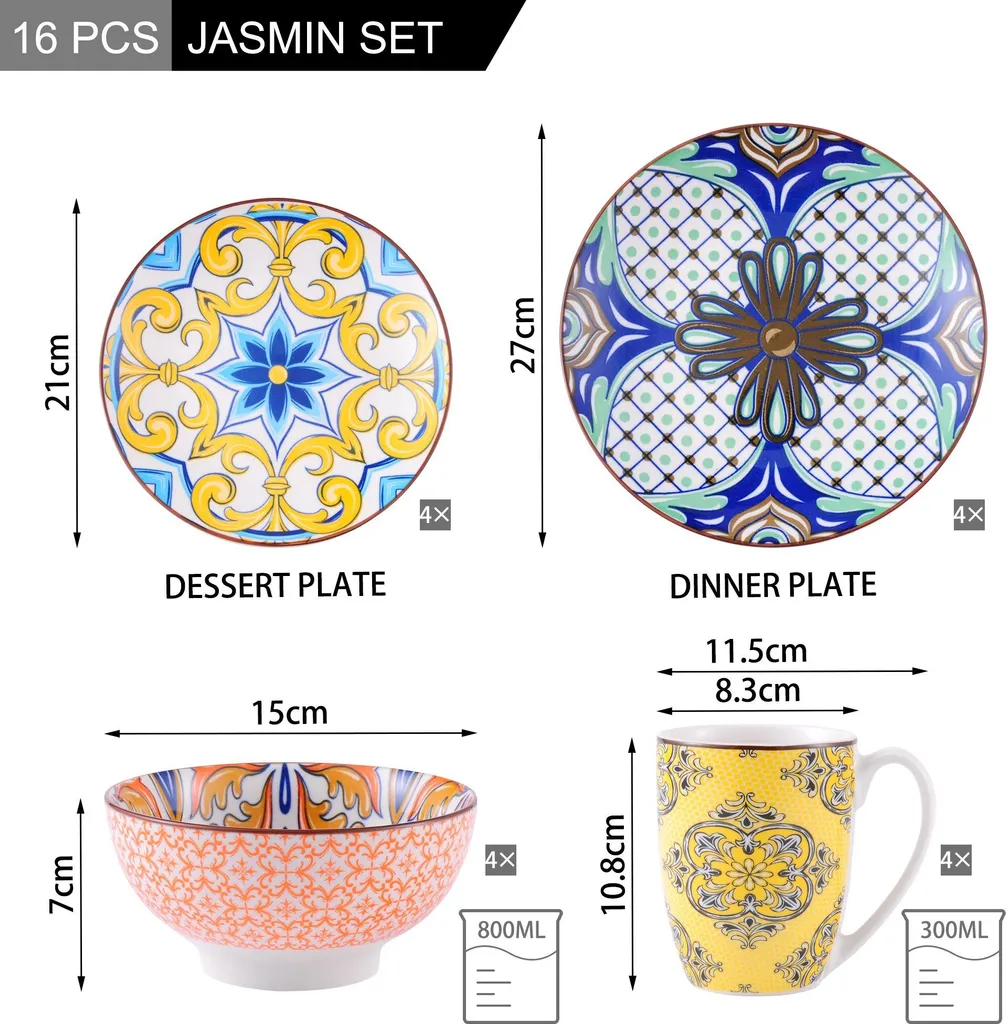 Vancasso Tafelservice Porzellan, JASMIN 16 Teiliges Essgeschirr Kombiservice, Handbemaltes Geschirrset Für 4 Personen, Böhmischer Stil 2 Vancasso Tafelservice Porzellan, JASMIN 16 Teiliges Essgeschirr Kombiservice, Handbemaltes Geschirrset Für 4 Personen, Böhmischer Stil – Bild 2