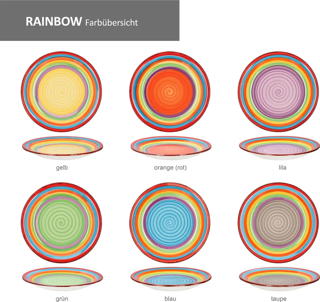 Tellerset Rainbow 18-tlg. 6 Personen Steingut Tafelservice Dessertteller Speiseteller Suppenteller 2 Tellerset Rainbow 18-tlg. 6 Personen Steingut Tafelservice Dessertteller Speiseteller Suppenteller – Bild 2