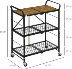 HOMCOM Rollwagen, Klappbarer Küchenwagen, Servierwagen Mit 3 Ebenen, Griff, Küchenregal Auf 4 Rollen Für Esszimmer, Wohnzimmer, Stahl, Braun+Schwarz, 68 X 35 X 85 Cm -Qualitätsladen Für Geschirr 3471422e33265d8f4025440dd2c46f2c