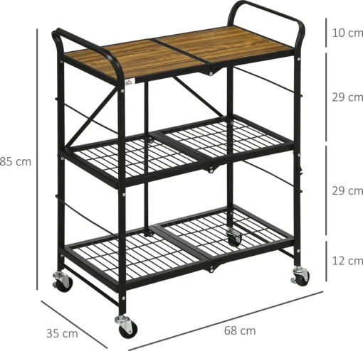 HOMCOM Rollwagen, Klappbarer Küchenwagen, Servierwagen Mit 3 Ebenen, Griff, Küchenregal Auf 4 Rollen Für Esszimmer, Wohnzimmer, Stahl, Braun+Schwarz, 68 X 35 X 85 Cm – Bild 3