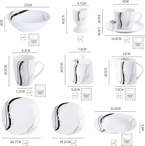 VEWEET, Serie 'Fiona', 100-teilig Porzellan Tafelservice Set, Kombiservice Mit Dessertteller, Speiseteller, Suppenteller, Müslischalen, Kaffeebecher, Kaffeetassen Set, Eierbecher, Milch- Und Zuckerset – Bild 2
