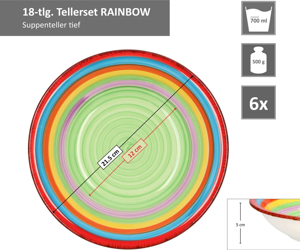 Tellerset Rainbow 18-tlg. 6 Personen Steingut Tafelservice Dessertteller Speiseteller Suppenteller 4 Tellerset Rainbow 18-tlg. 6 Personen Steingut Tafelservice Dessertteller Speiseteller Suppenteller – Bild 4