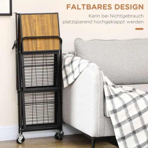 HOMCOM Rollwagen, Klappbarer Küchenwagen, Servierwagen Mit 3 Ebenen, Griff, Küchenregal Auf 4 Rollen Für Esszimmer, Wohnzimmer, Stahl, Braun+Schwarz, 68 X 35 X 85 Cm – Bild 5