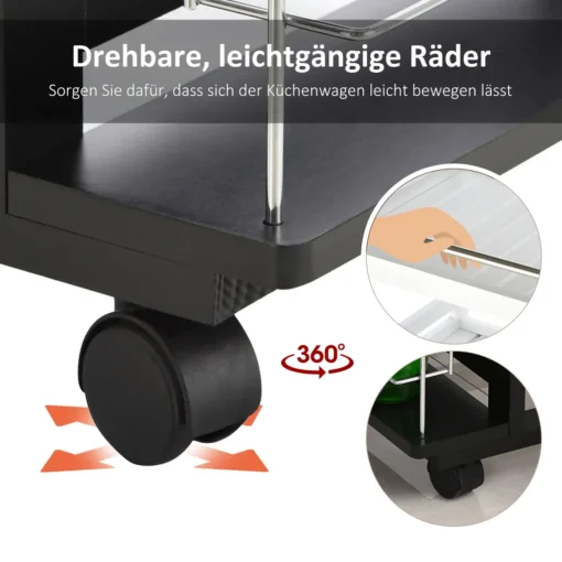 HOMCOM Servierwagen Auf Rollen, Küchenwagen Mit Arbeitsplatte Und Gewürzregal, Rollwagen, Küchentrolley, Kieferholz, Schwarz, 57 X 37 X 83 Cm – Bild 6