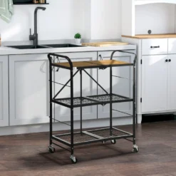 HOMCOM Rollwagen, Klappbarer Küchenwagen, Servierwagen Mit 3 Ebenen, Griff, Küchenregal Auf 4 Rollen Für Esszimmer, Wohnzimmer, Stahl, Braun+Schwarz, 68 X 35 X 85 Cm -Qualitätsladen Für Geschirr 3903cea1a81f87fff332298c437dd588