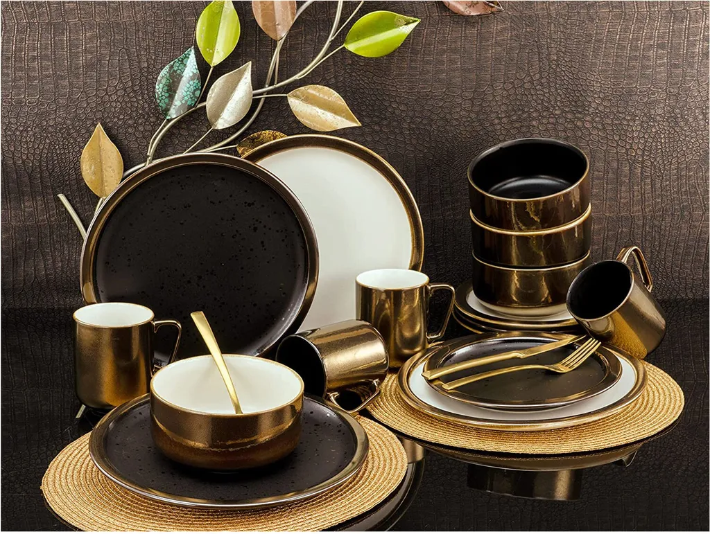 CreaTable 23592 Kombiservice Modern Industrial Für 4 Personen, Steinzeug, Schwarz/gold (1 Set, 16-teilig) 11 CreaTable 23592 Kombiservice Modern Industrial Für 4 Personen, Steinzeug, Schwarz/gold (1 Set, 16-teilig) – Bild 11