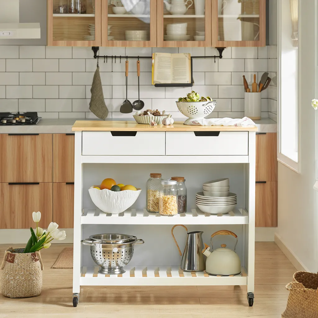 SoBuy FKW74-WN Servierwagen Kücheninsel Sideboard Küchenwagen Küchenschrank Mit 2 Schubladen Und Ablagen Weiß-Natur BHT Ca.: 100x94x60cm 3 SoBuy FKW74-WN Servierwagen Kücheninsel Sideboard Küchenwagen Küchenschrank Mit 2 Schubladen Und Ablagen Weiß-Natur BHT Ca.: 100x94x60cm – Bild 3