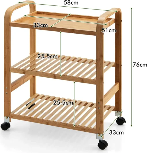 COSTWAY Servierwagen Mit 3 Ablagen, Griffen & Abnehmbarem Rollen, Küchenwagen Bambus Auf Rädern, Mobiler Allzweckwagen Rollwagen Lagerregal Für Küche, Flur & Bad, 58 X 33 X 76 Cm – Bild 6