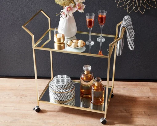 WOHNLING Design Servierwagen Gold 73x78x37 Cm Küchenwagen Glas / Metall | Mobiler Beistelltisch | Speisewagen Mit Glasplatte | Teewagen Mini Bar Auf 4 Rollen – Bild 4