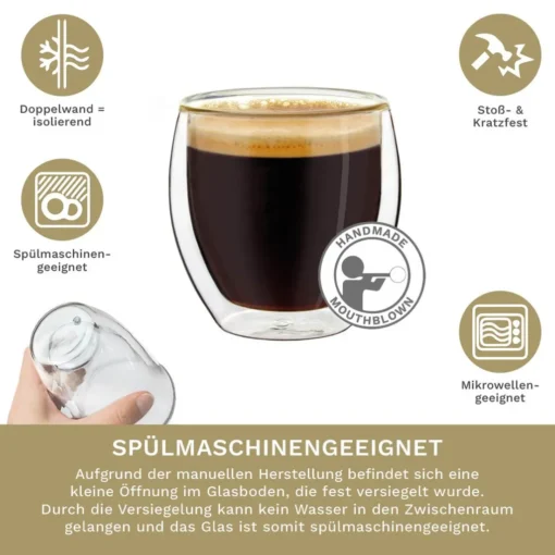 Creano Doppelwandige Espresso-Gläser, 4er-Set 100ml Thermo-Gläser Mit Schwebe-Effekt – Bild 3