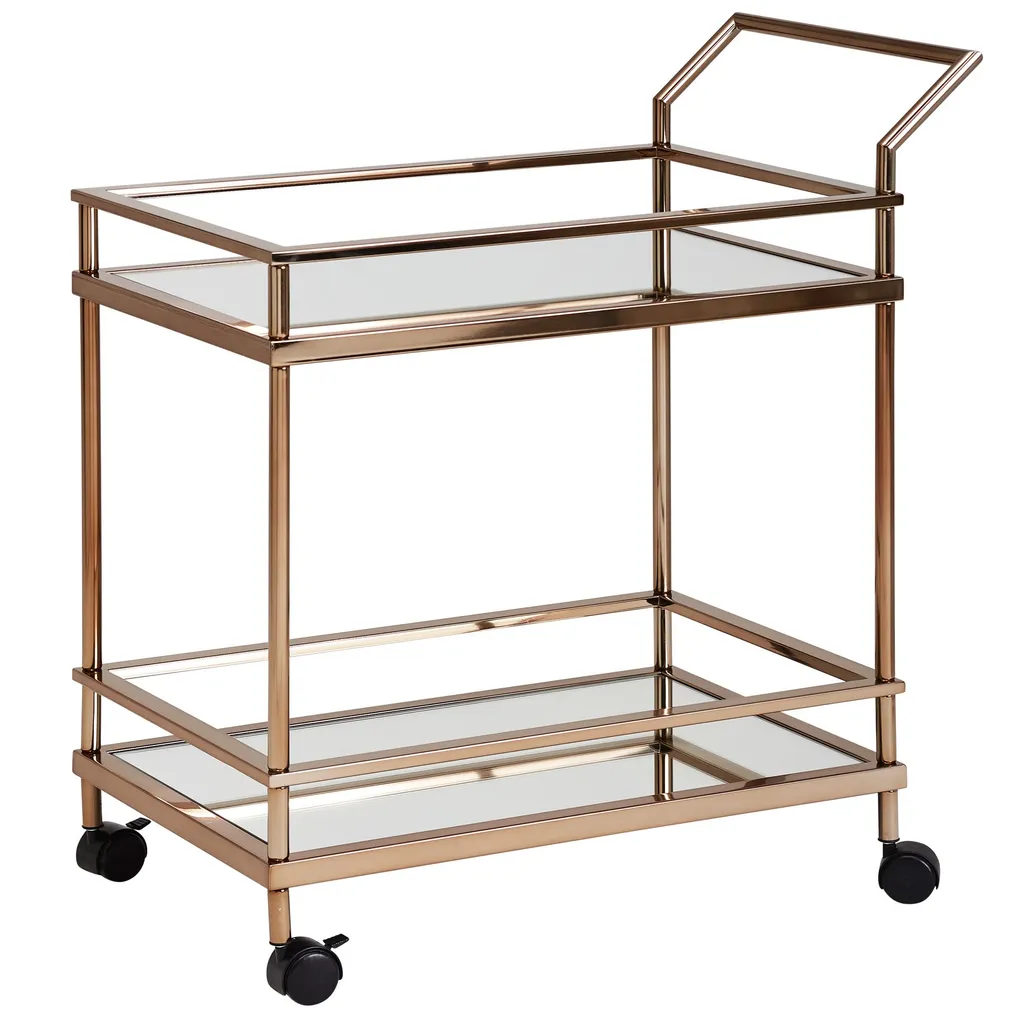 WOHNLING Design Servierwagen Dunkles Gold 2 Ebenen Mit Bremsen | Beistelltisch Auf Rollen | Speisewagen Mit Glasplatte | Küchenwagen | Teewagen 6 WOHNLING Design Servierwagen Dunkles Gold 2 Ebenen Mit Bremsen | Beistelltisch Auf Rollen | Speisewagen Mit Glasplatte | Küchenwagen | Teewagen – Bild 6