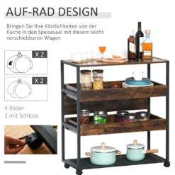 HOMCOM Küchenwagen Küchenrollwagen Servierwagen 3-stöckige Küchenregal Industrie-Design Mit Verstellbaren Füßen Rustikales Braun 80 X 40 X 90 Cm -Qualitätsladen Für Geschirr 41187b6ccceef72be37bd9035e905047