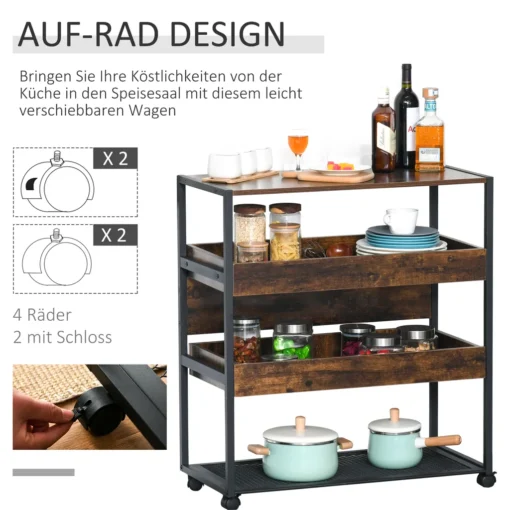 HOMCOM Küchenwagen Küchenrollwagen Servierwagen 3-stöckige Küchenregal Industrie-Design Mit Verstellbaren Füßen Rustikales Braun 80 X 40 X 90 Cm – Bild 6