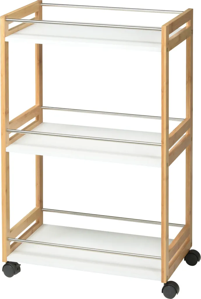 Küchentrolley Aus Bambus - 3 Weiße Ablagen - 51x30x80cm 1 Küchentrolley Aus Bambus - 3 Weiße Ablagen - 51x30x80cm